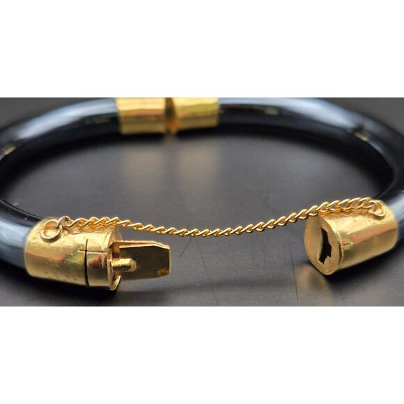 Vintage Black Glass and Goldtone Hinged Bangle Bracelet Chinese Export - Picture 6 of 9